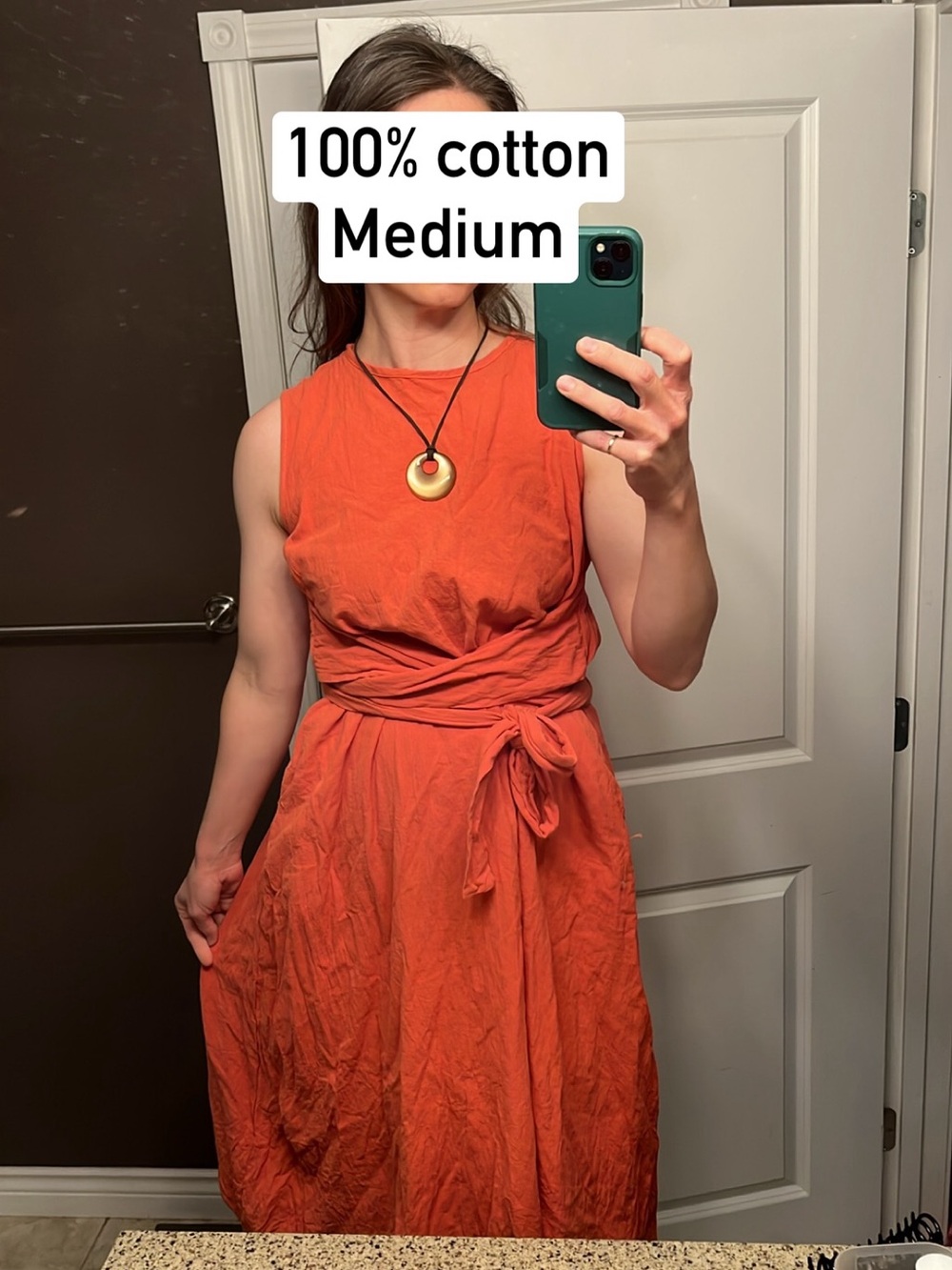 Women's Sleeveless 100% Cotton Tie-Waist crew neck long maxi dress in Yam Orange - Picture 1 of 16
